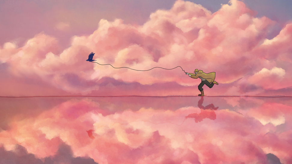 surreal bird sunset lake fisherman animation 2d graphic loop beautiful watercolour motion tvpaint