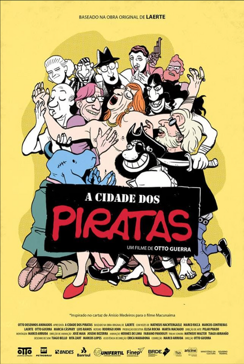 Cartaz do filme A Cidade dos Piratas com elementos gráficos em estilo de animação.
