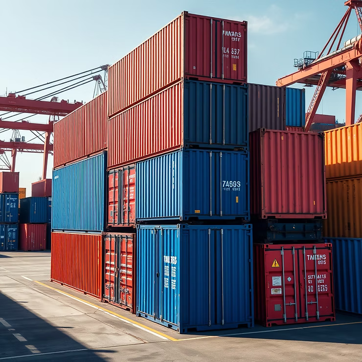 Contenedores marítimos en venta en España apilados en un depósito logístico