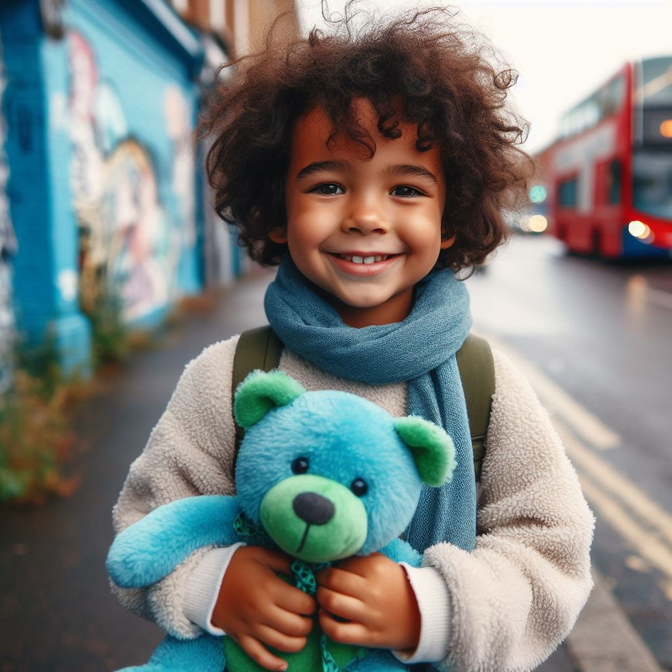 Tim est un petit garçon qui tient son doudou, un nounours bleu dans les bras. Son doudou s'appelle Bim