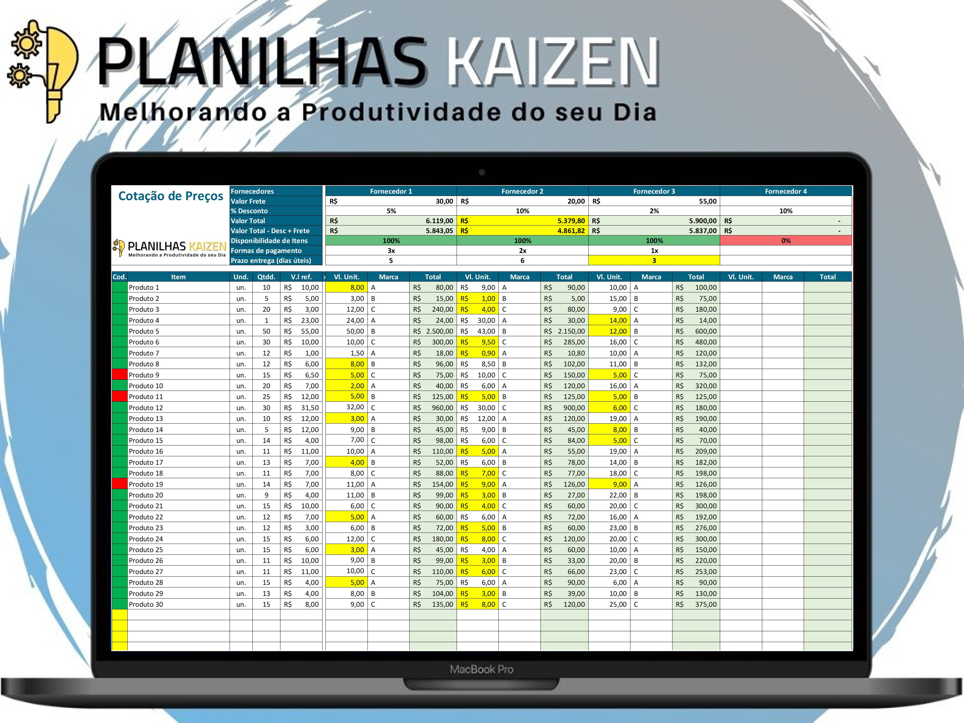 Planilha de cotação de preços em excel com comparativo visual de fornecedores desenvolvida pela planilhas kaizen
