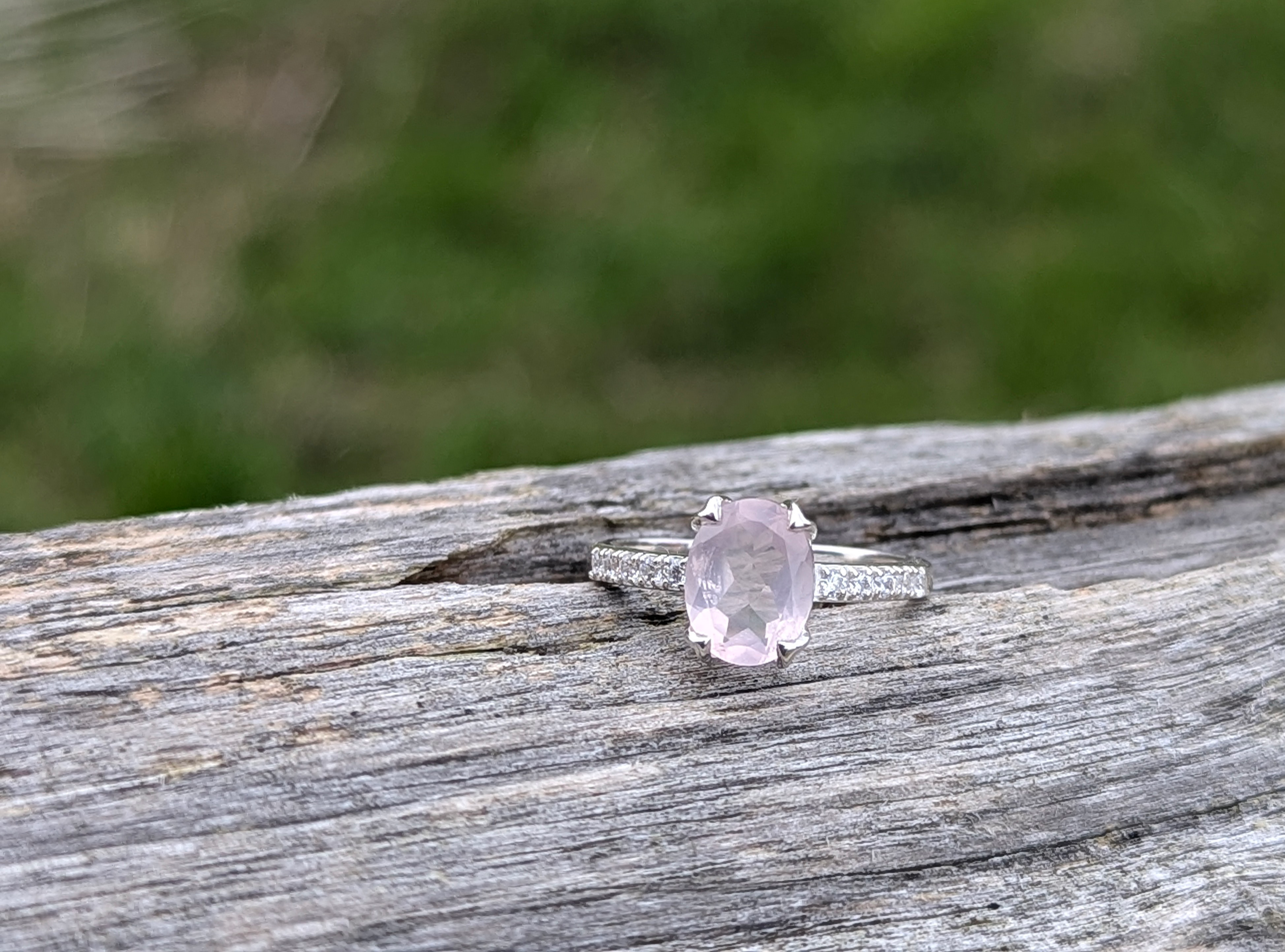 Rose Quartz Oval Cut with White Topaz Ring 92 Sterling Silver - Size 6.5