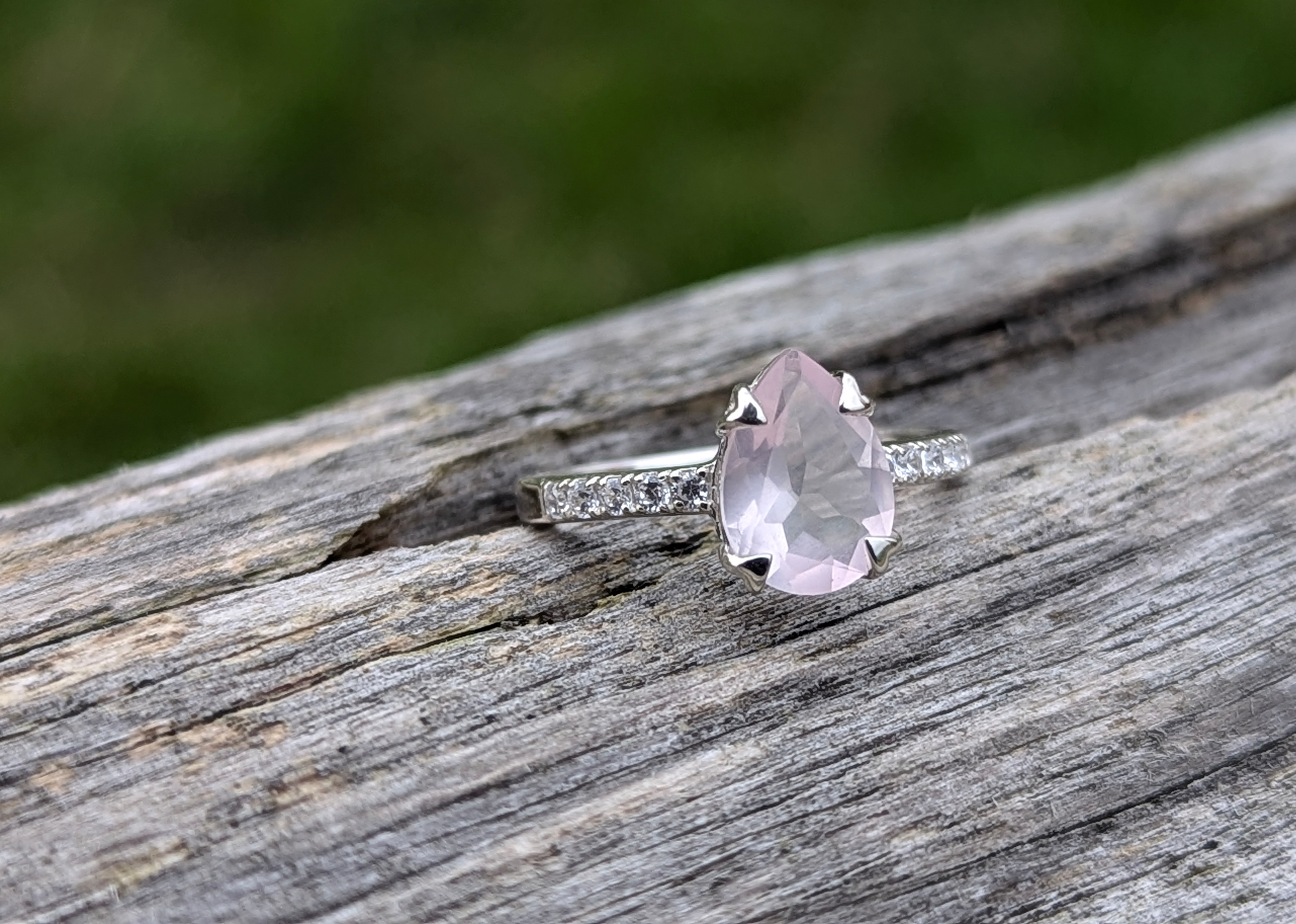 Pear Cut Rose Quartz with White Topaz Ring - 925 Sterling Silver - Size 6.5