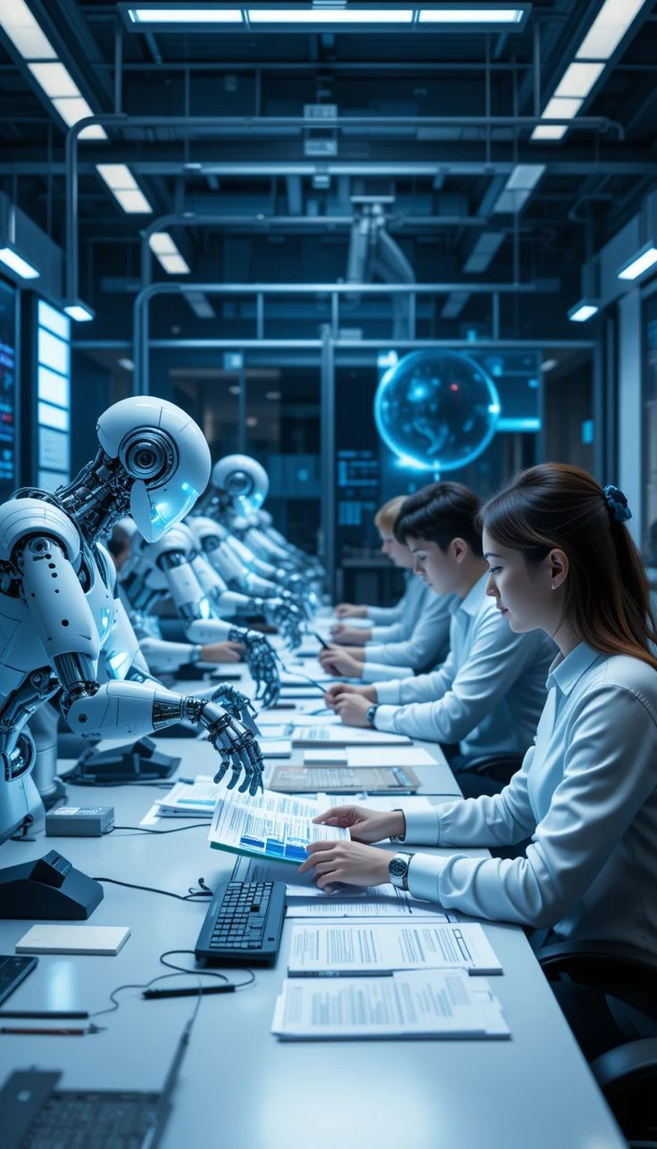 In a high-tech office, humans and robots collaborate, highlighting the seamless integration of artificial intelligence in the modern workplace.