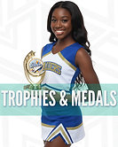 Cheerleader in blue and gold cheer uniform holding cheer trophy for competition awards and medals.