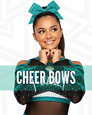 Cheerleader wearing sparkly teal cheer bow with rhinestone cheer uniform for all star teams.