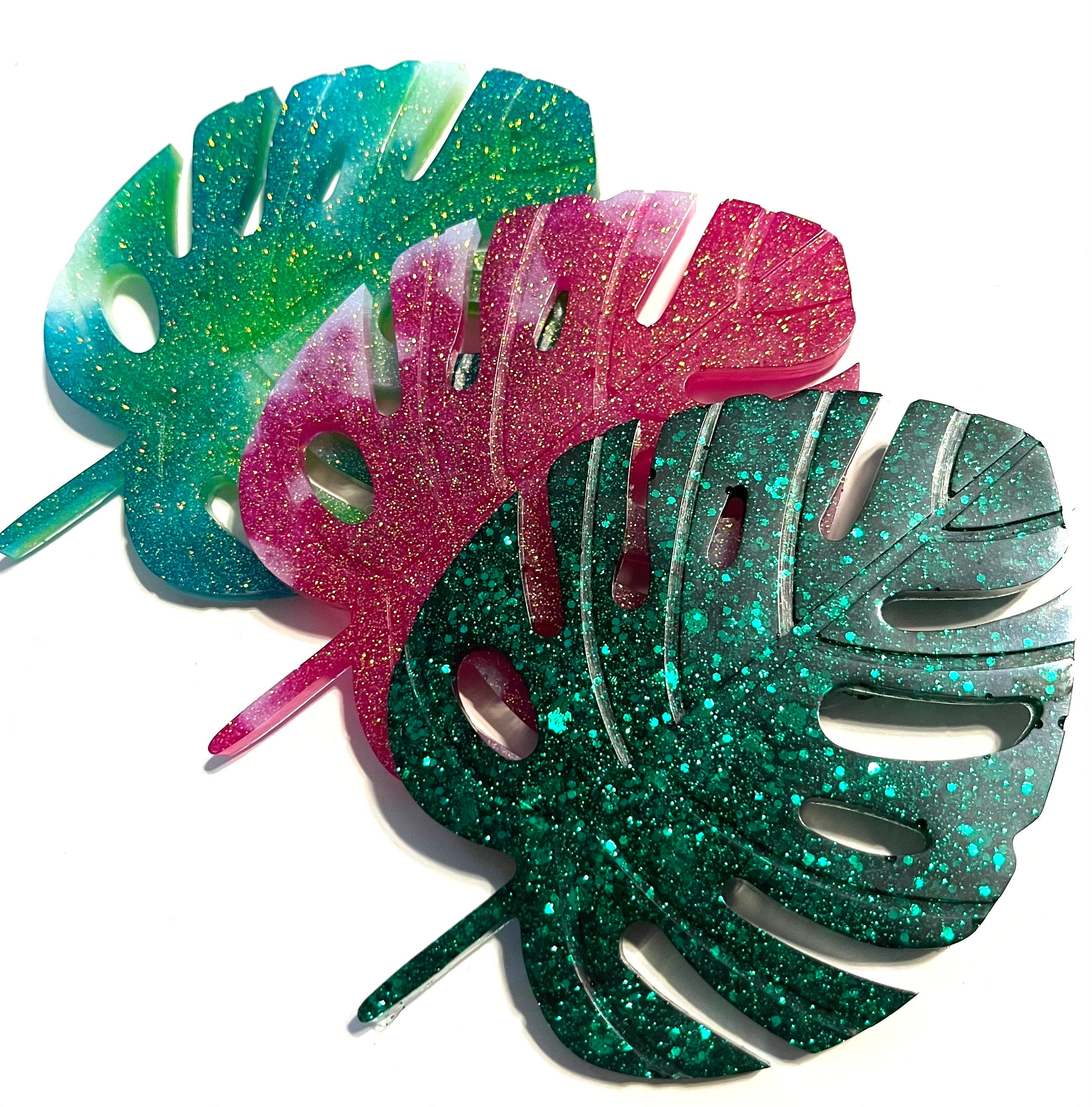 Monstera leaf coasters, unique resin coasters, handmade coasters, resin glitter