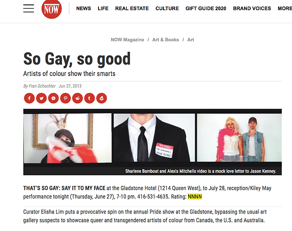 A screenshot from a NOW Magazine article titled "So Gay, so good" from June 27 2013. The article is in reference to the TSG 2013 show curated by Elisha Lim.