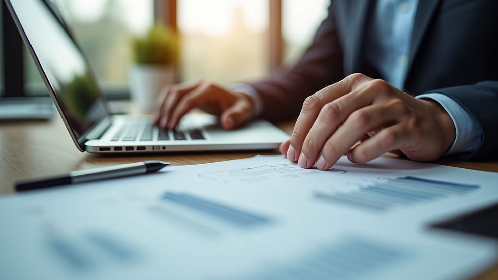 Close-up view of a consultant calculating financial projections on a laptop