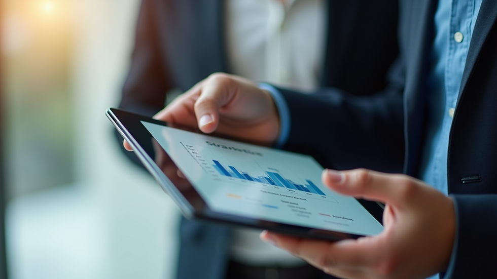 Close-up view of a business consultant presenting a strategic plan on a digital tablet