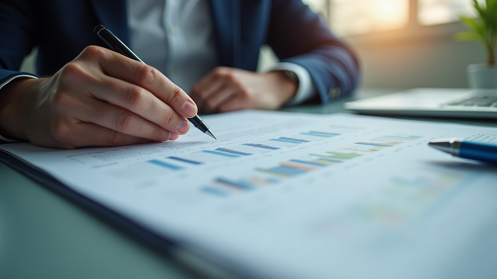 Close-up view of a compliance consultant reviewing export documents