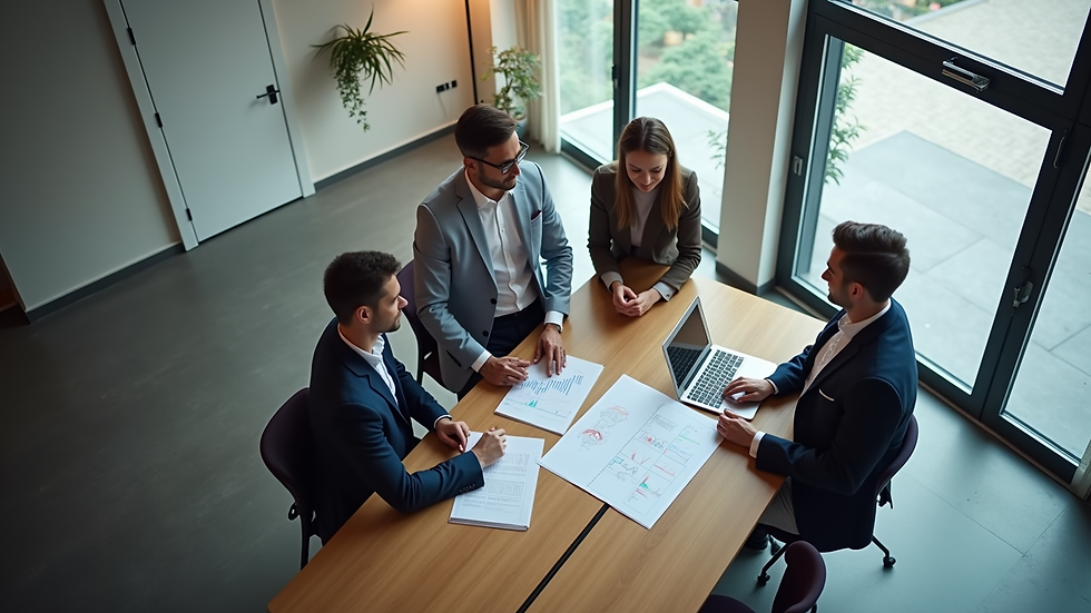High angle view of a business team collaborating on growth strategy in a modern office