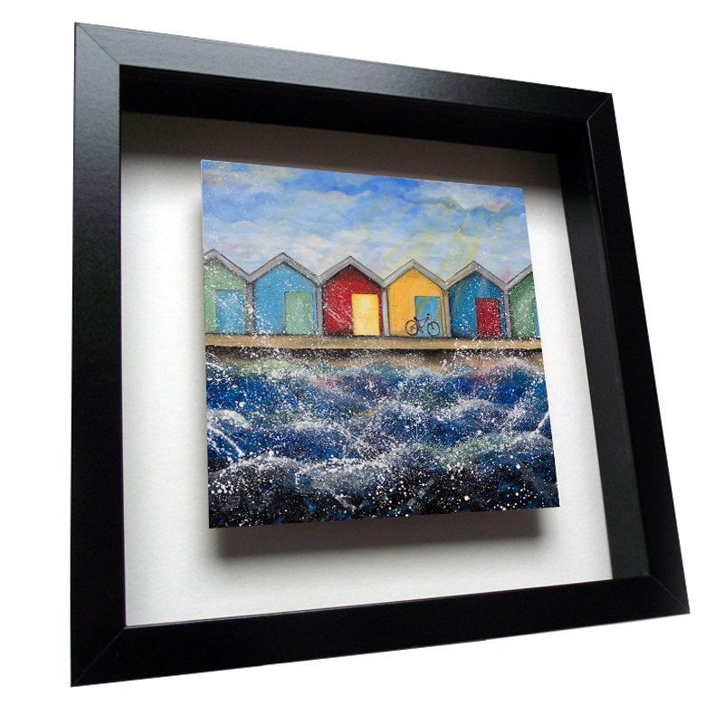 Blyth Beach Huts in the Sunshine Framed Ceramic Tile