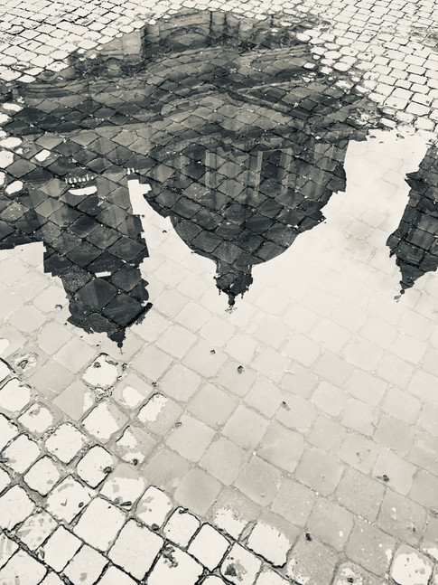 A photo of a building reflected in a puddle.