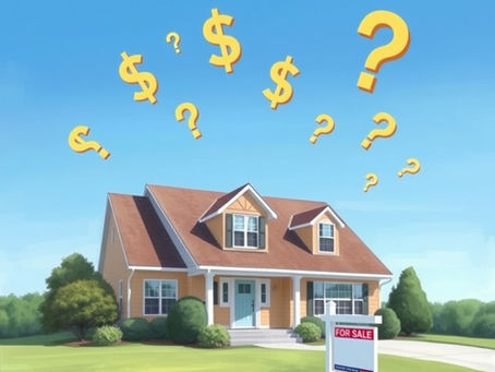 House for sale, with dollar signs and question marks floating in the sky.