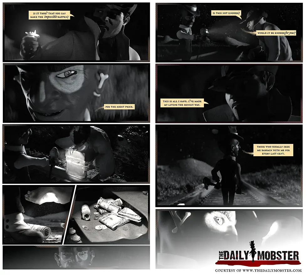 The Daily Mobster example page from the debut issue: "The Price of Life" featuring Baron Samedi and Mr. Unknown bargaining at the traintracks