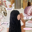 Collage of self-care items: skincare products in a marble shower, hair being washed, satin pillows, and beauty tools. Text reads "mood," "glow up," "hair."