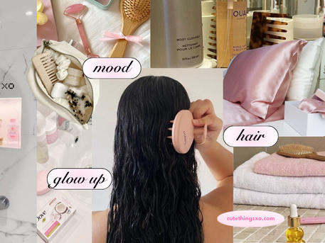 Collage of self-care items: skincare products in a marble shower, hair being washed, satin pillows, and beauty tools. Text reads "mood," "glow up," "hair."