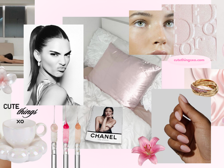 Collage with a Pilates pose, pink satin items, a woman with a blindfold, nail polish, rings, and text: "cute things xo," "CHANEL." Pink theme.