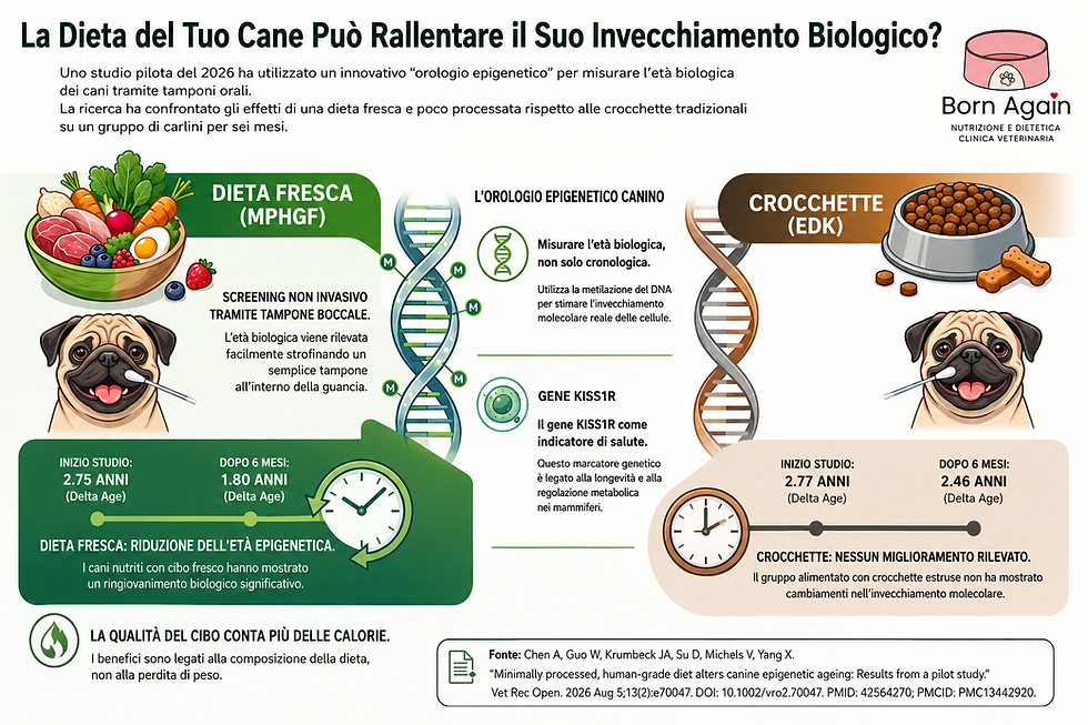 Infografica in italiano su dieta fresca vs crocchette per carlini, con DNA, orologio epigenetico e risultati di età biologica.