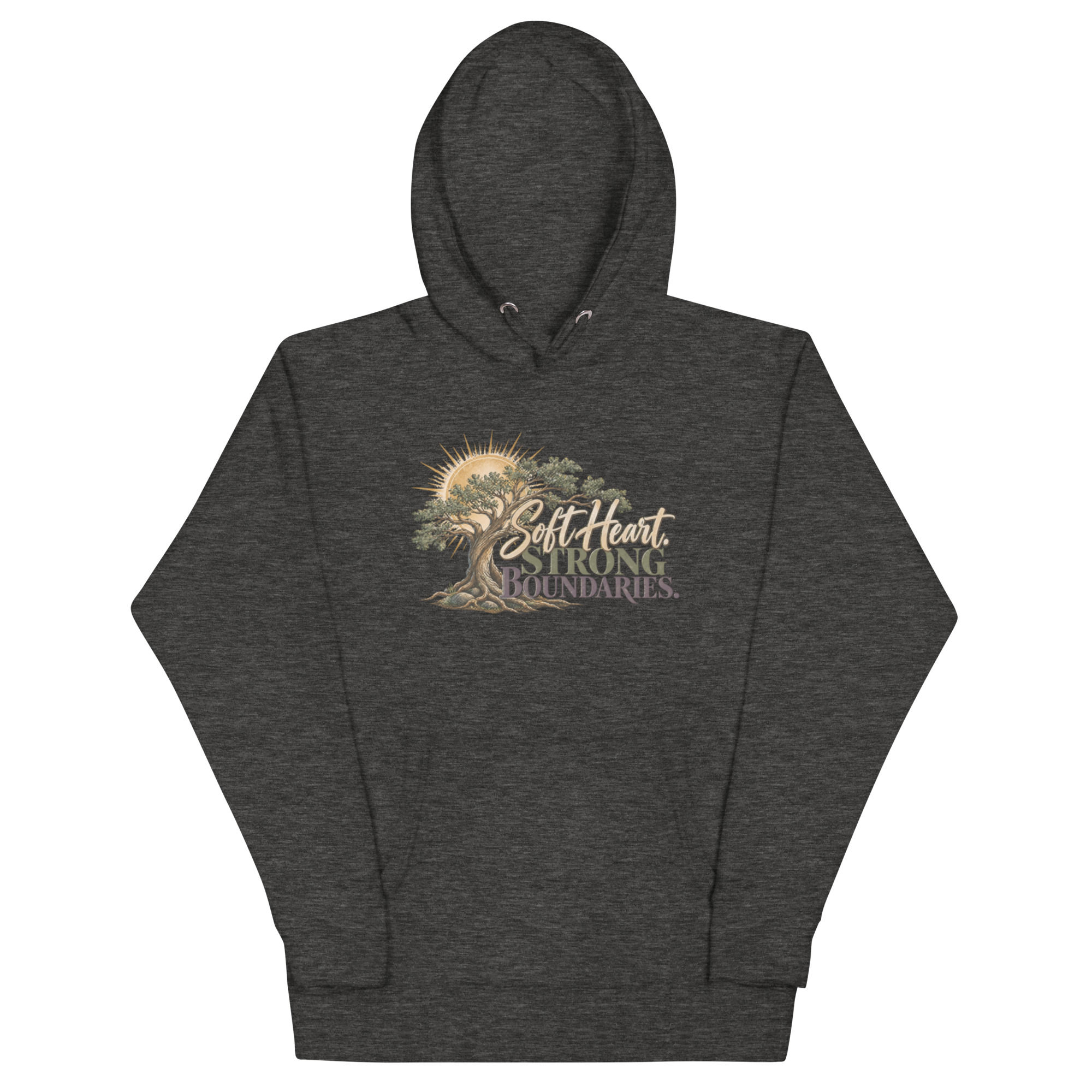 Charcoal heather therapist hoodie featuring Soft Heart. Strong Boundaries. with vintage sun and tree artwork.