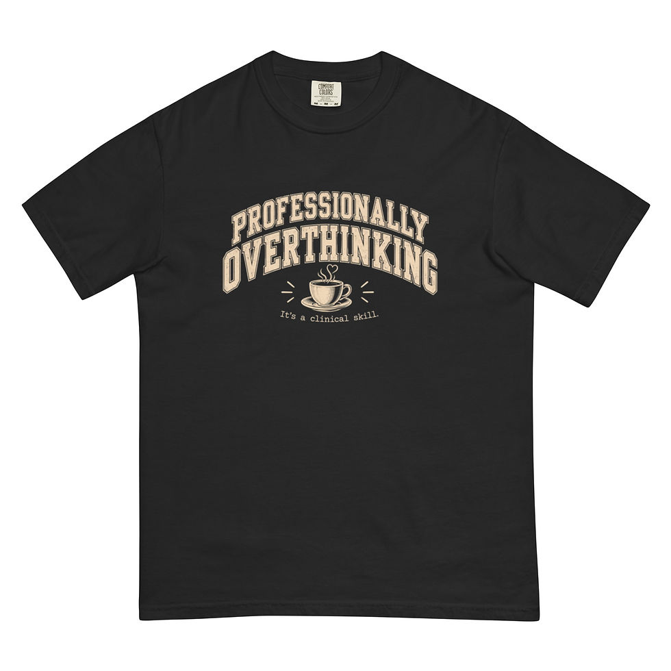 Professionally Overthinking vintage therapist T-shirt with cream collegiate lettering and coffee cup graphic