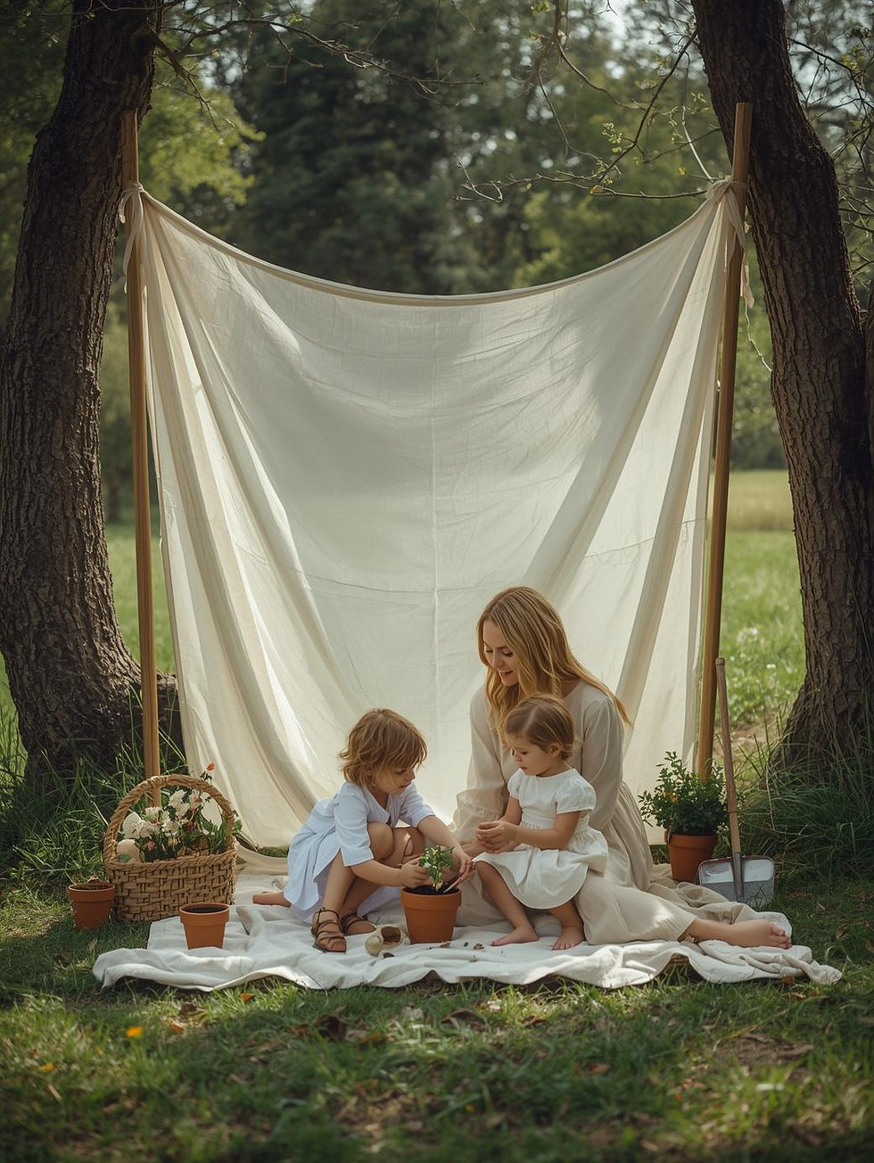 Outdoor family photography scene in a natural garden setting. A green meadow with two tree