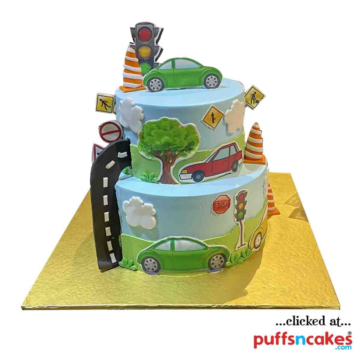 (1855) Traffic Lights Signs Car Road Theme Cream Cake