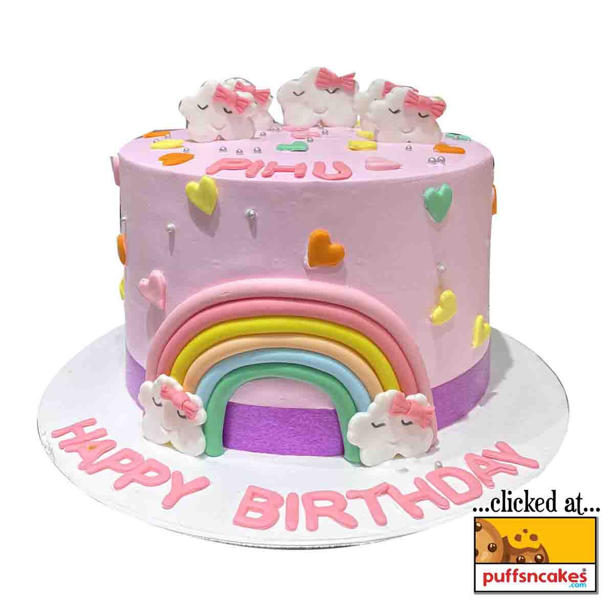 (1468) Rainbow Clouds Theme Semi Fondant Cake