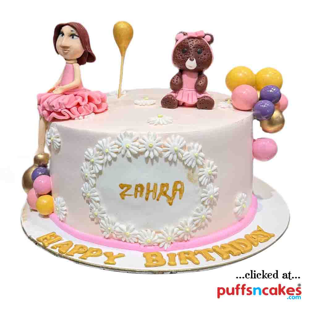 (2492) Girl And Teddy Theme Semi Fondant Cake