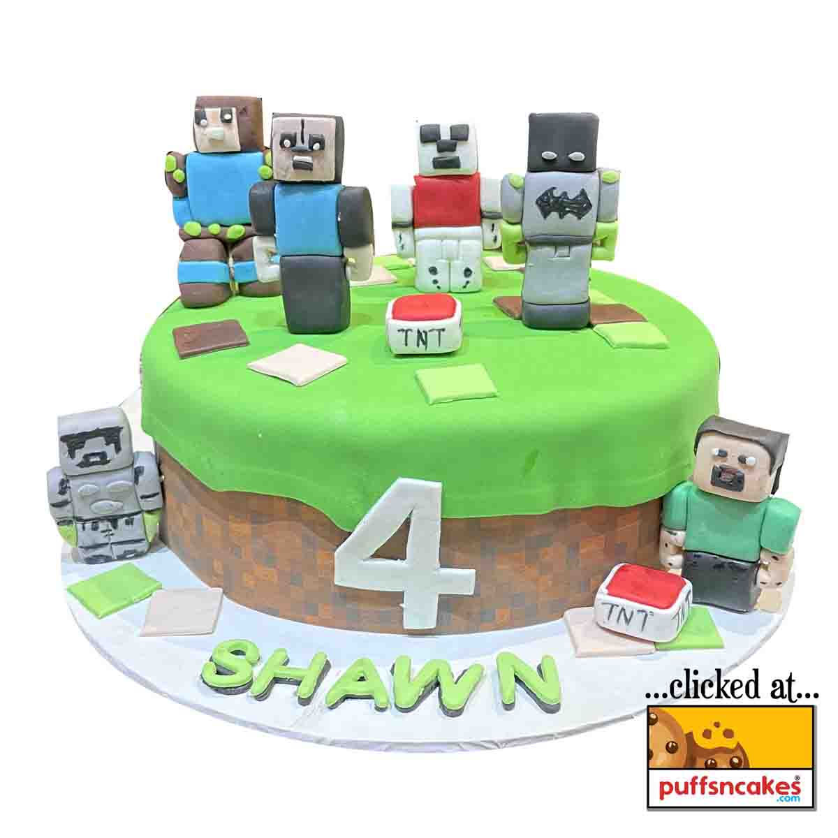 (1458) Minecraft Theme Fondant Cake