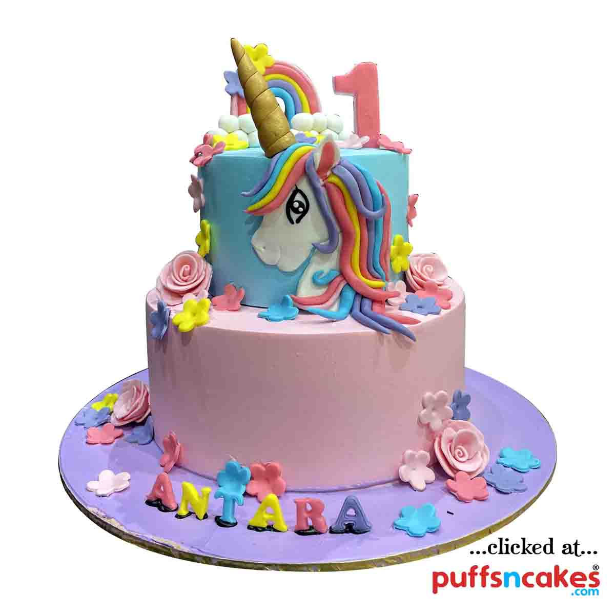 (2204) Rainbow Blue Pink Unicorn Theme Semi Fondant Cake