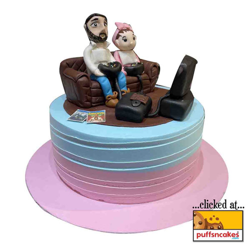 1405 Father Daughter Gaming Theme Semi Fondant Cake Puffsncakes