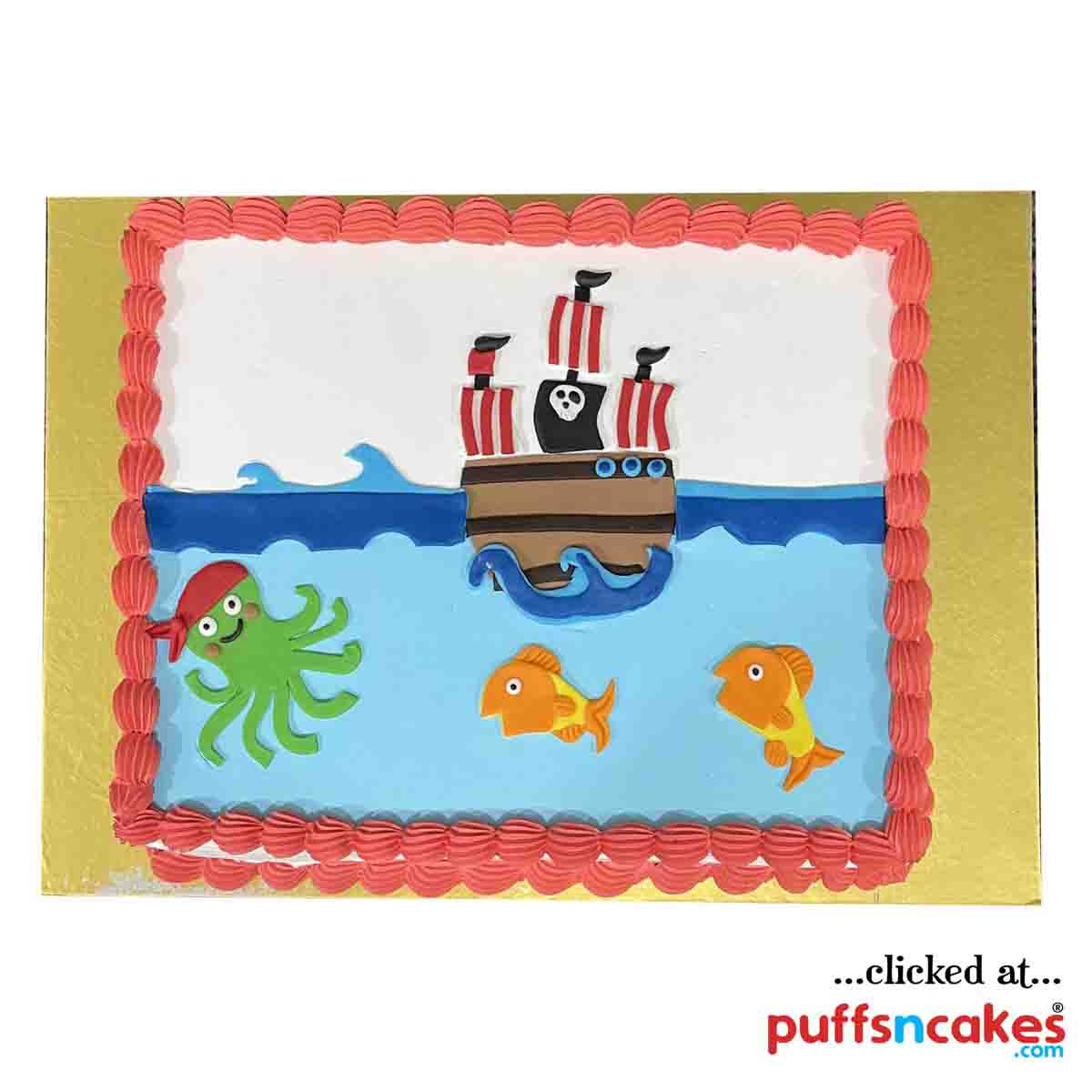 (1734) Ocean Pirate Octopus Sea Theme Semi Fondant Cake