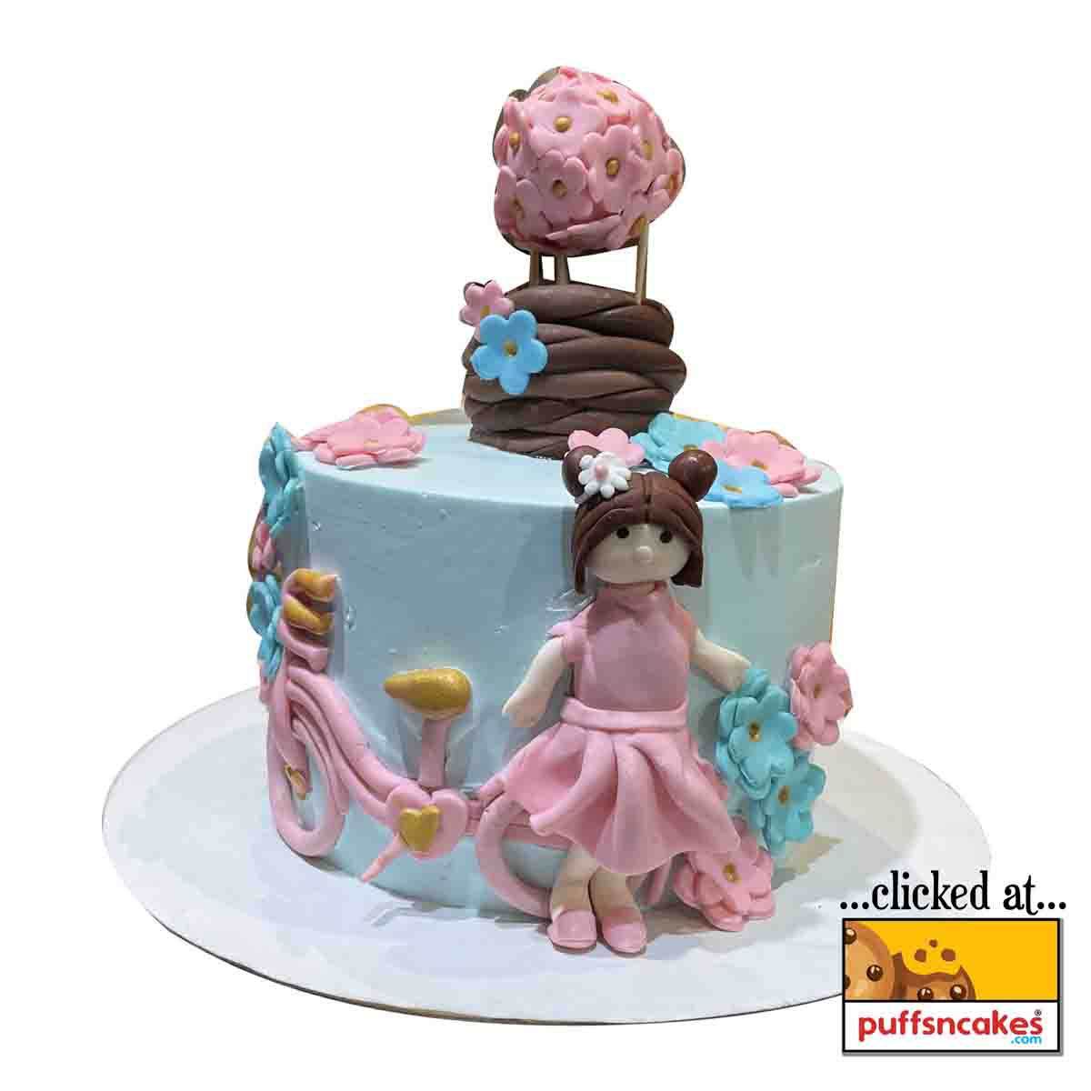 (1332) Girl Cycle Theme Cute Semi Fondant Cake