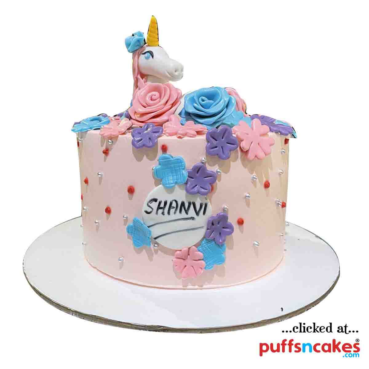 (1820) Flowers Unicorn Girl Theme Semi Fondant Cake