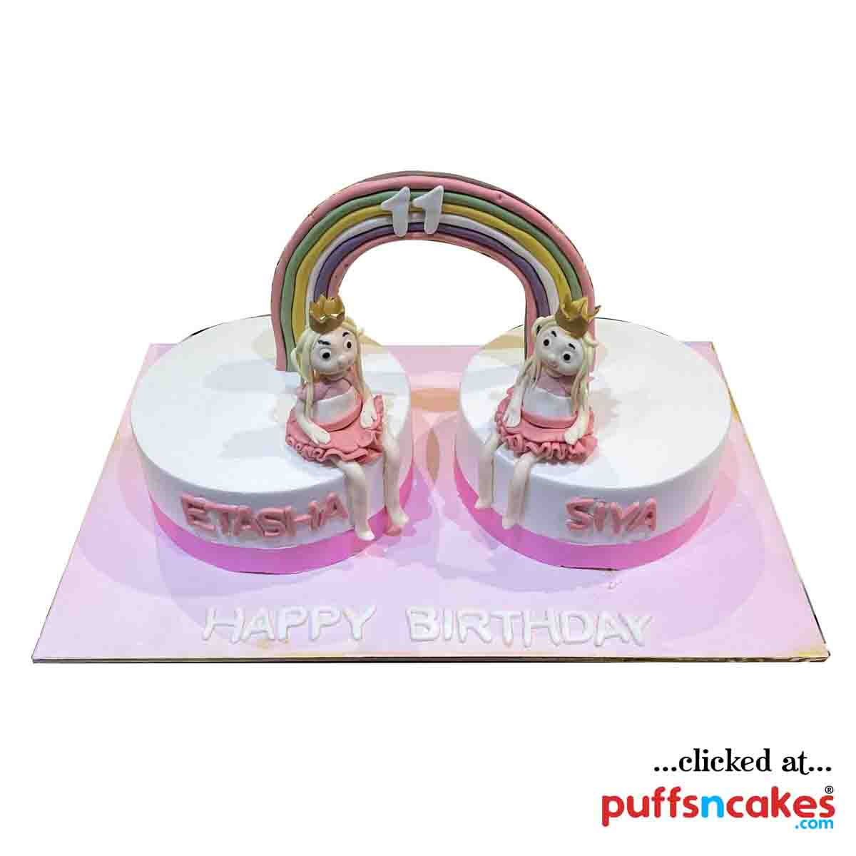 (1850) Rainbow Doll Twins Theme Semi Fondant Cake