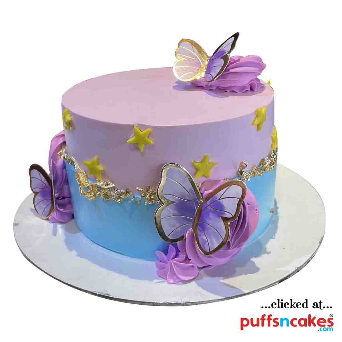 (1601) Beautiful Pink Blue Butterfly Theme Cream Cake