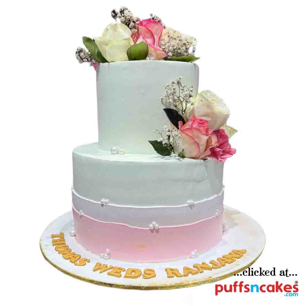 (2519) Floral Tall Anniversary Wedding Theme Cream Cake