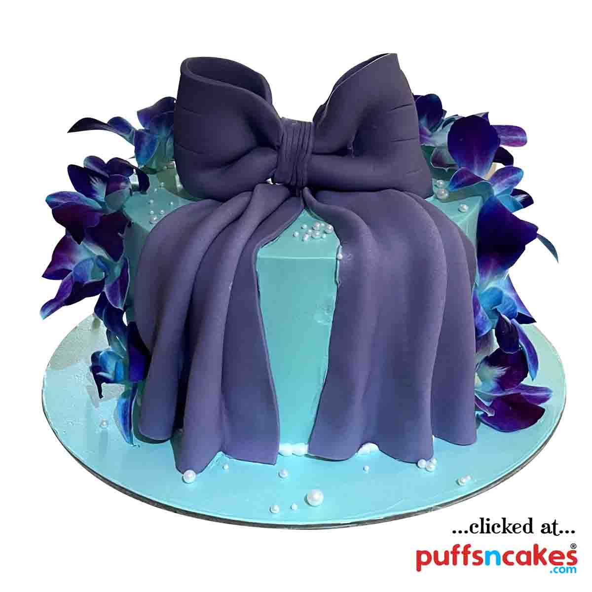 (1924) Orchids Purple Bow Theme Semi Fondant Cake