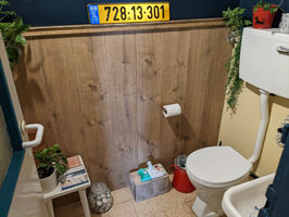 Pequeño aseo con revestimiento de madera, plantas, objetos decorativos y una matrícula amarilla sobre la pared azul oscuro en Casa Razy.