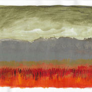 .somber colors of greens and oranges depict a landscape.