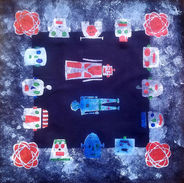 Robot heads circle 2 robots on a mostly blue bandana.