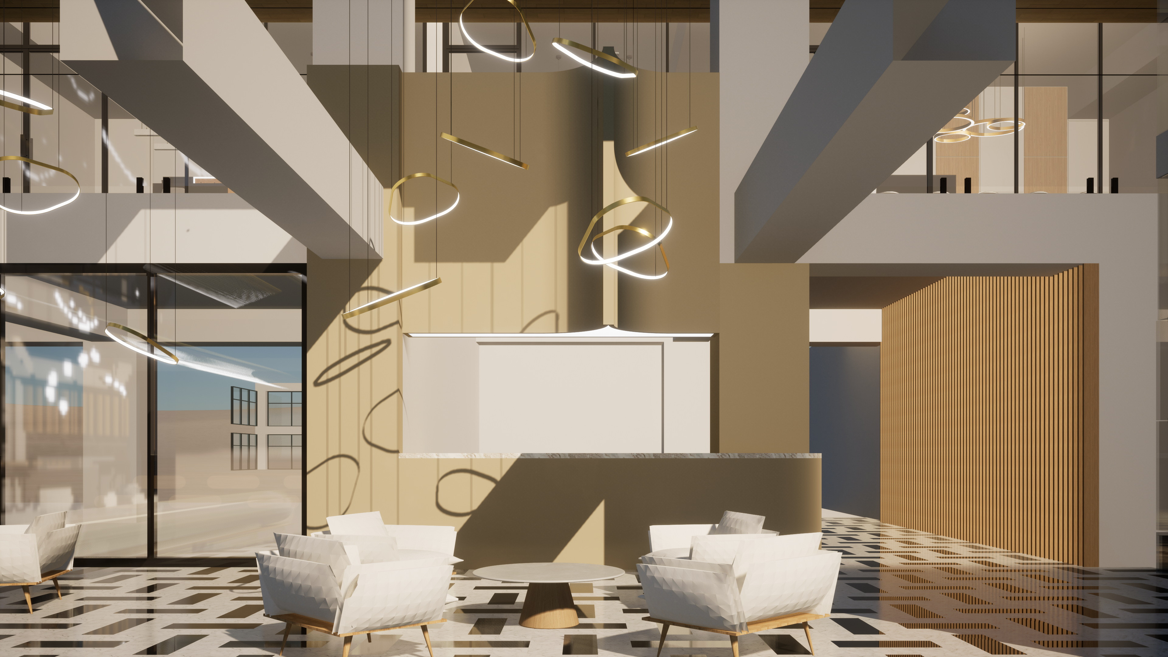 A cozy and stylish living room with bright blue and white traditional Greek island architecture visible through large windows. The interior features a modern orange and white sofa, elegant gold floor lamps, a wooden coffee table, and a bookshelf filled with books. Blue accents and Mediterranean elements create a warm, inviting atmosphere. This image was generated using ArchiVinci AI.