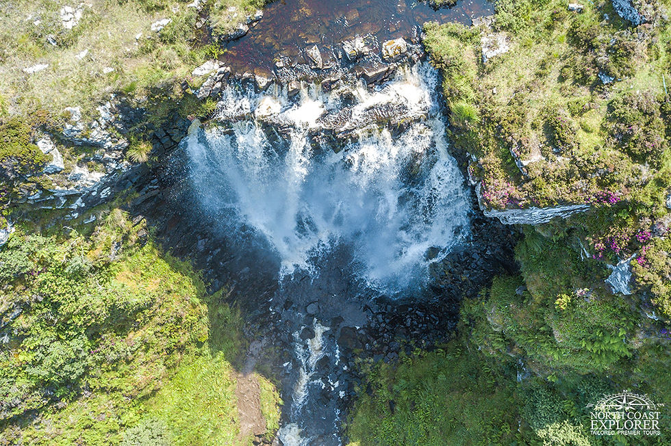 An aerial shot of the Clashnessie waterfalls
