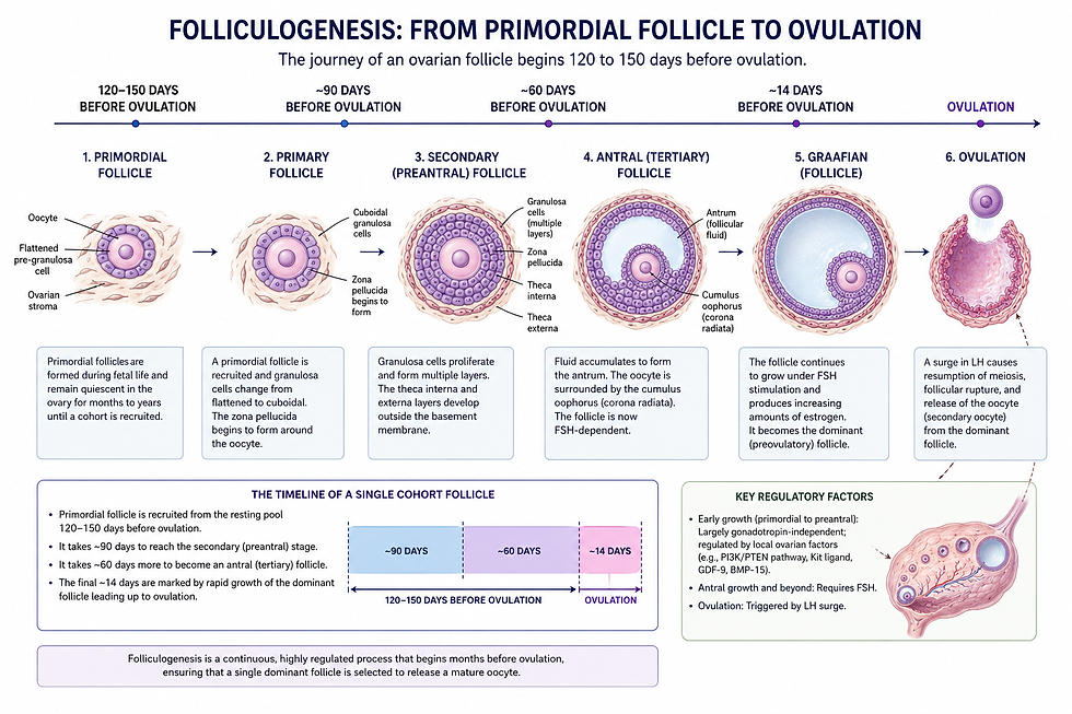 A medical diagram showing the 90-day folliculogenesis cycle and egg maturation process, illustrating why Toriello Acupuncture recommends a 3-month preconception plan.