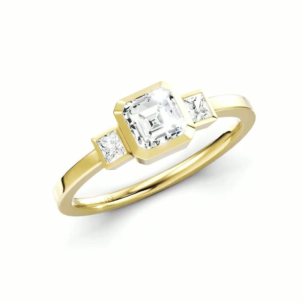 Thumbnail: Vallée des Rêves |Bezel Set Asscher Cut Three-Stone Diamond Ring|Yellow Gold