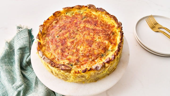 Spinach and Artichoke Dip Quiche with a Golden Potato Crust