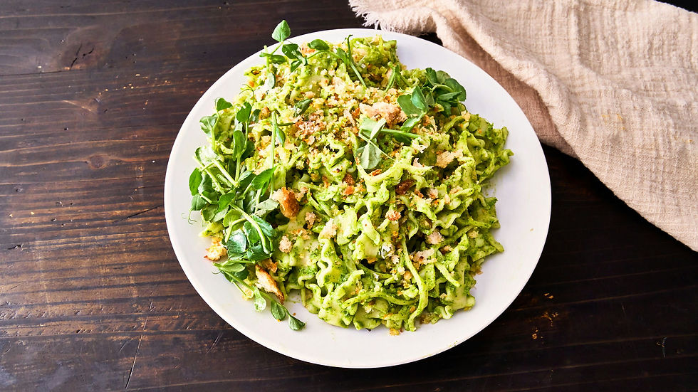 Cannabis-infused spring pasta with zesty pesto and vibrant greens