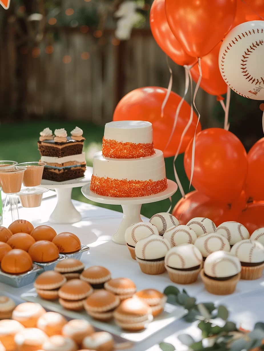 Dessert table with orange and white baseball-themed treats, cake, and balloons. Sunny outdoor setting with a festive mood.